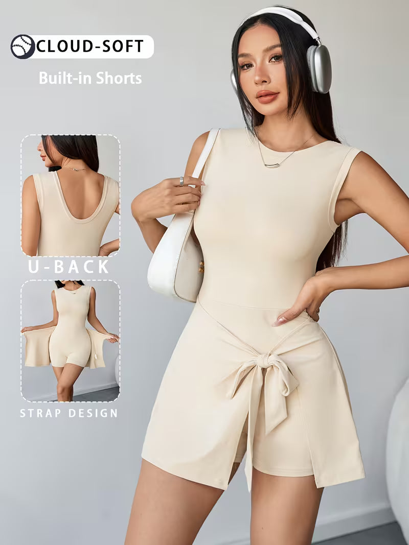 Robe-Combishort de Yoga Femme avec Short Intégré – Dos en U et Jupe Nouée