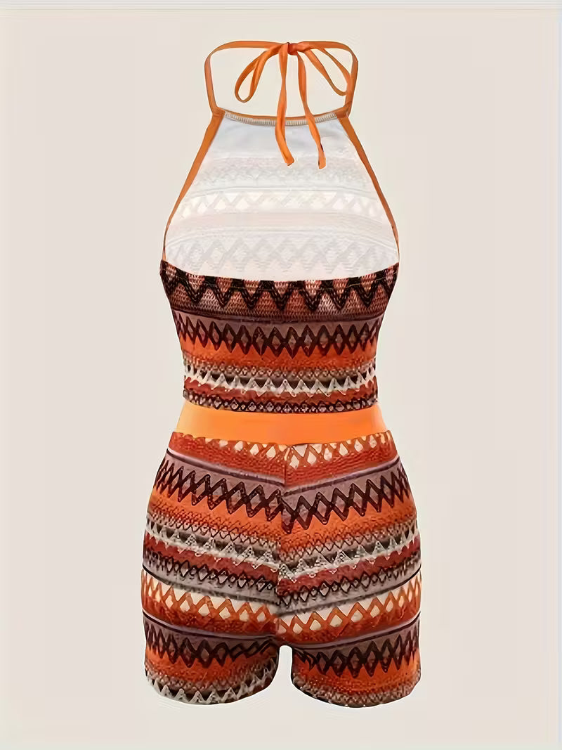 Ensemble Bohème en Crochet Multicolore – Haut Dos Nu & Jupe Assortie