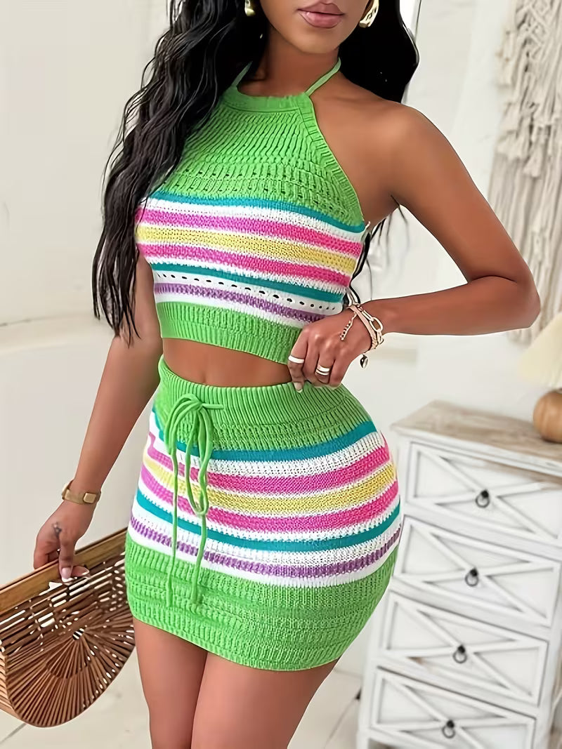 Ensemble crochet multicolore à rayures – Haut dos nu & jupe tendance estivale