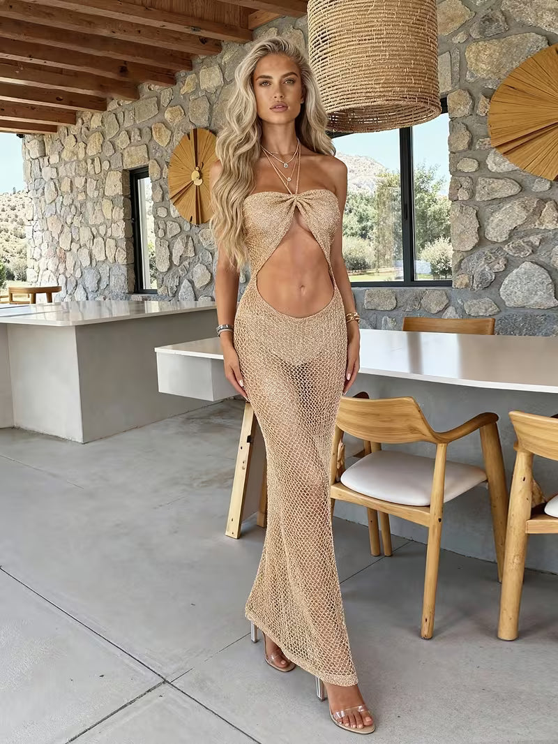 Robe longue femme col halter kaki – Style plage chic et élégant