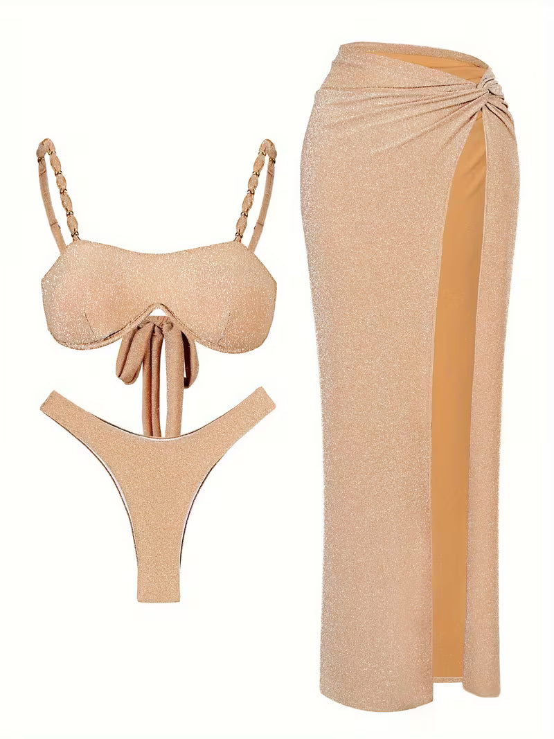 Ensemble 3 Pièces Femme Kaki – Bikini & Jupe Fendue Chic pour Vacances à la Plage