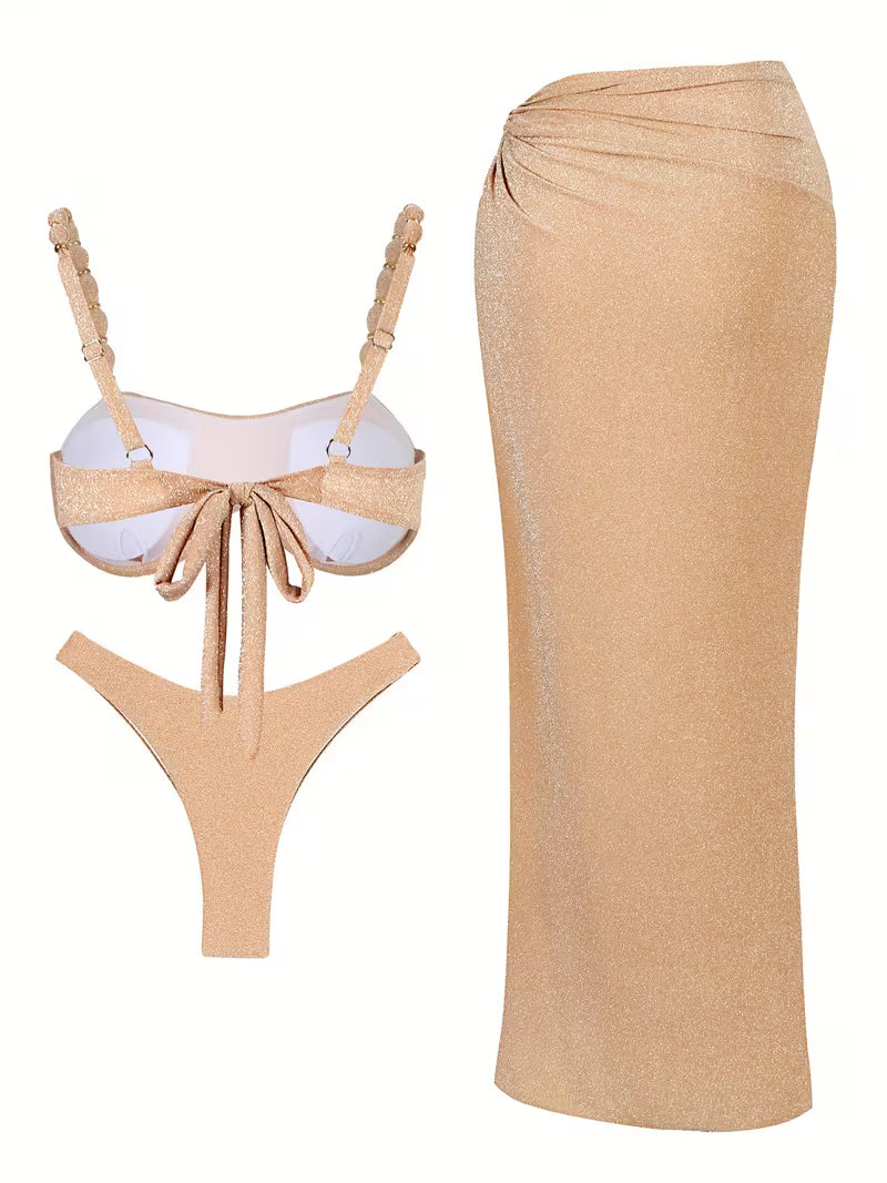 Ensemble 3 Pièces Femme Kaki – Bikini & Jupe Fendue Chic pour Vacances à la Plage