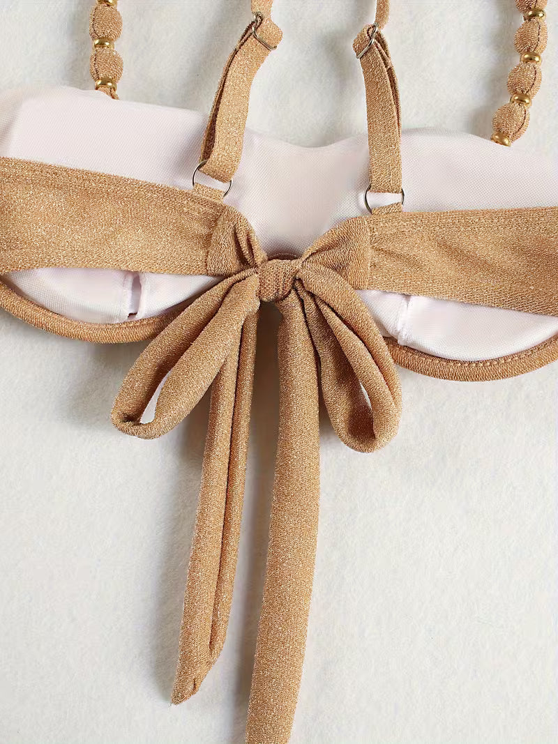 Ensemble 3 Pièces Femme Kaki – Bikini & Jupe Fendue Chic pour Vacances à la Plage